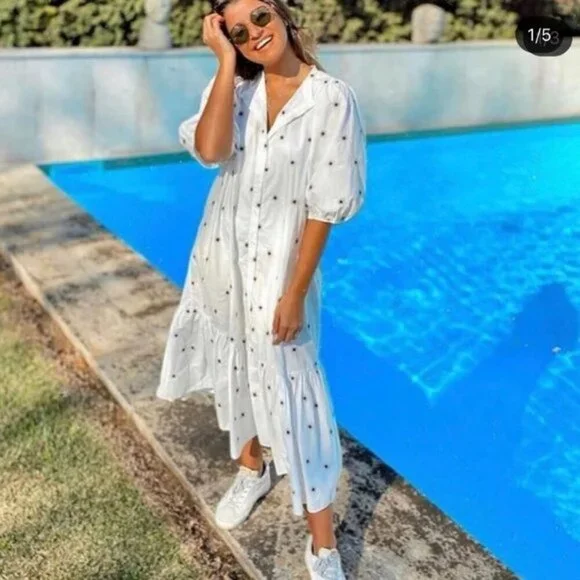 ZARA EMBROIDERED MIDI DRESS WHITE Flounced hem - Picture 4 of 8